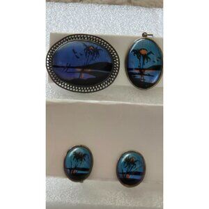 Vintage 925 Sterling Silver Jewelry Set With Reverse Painted Butterfly Wing Scen